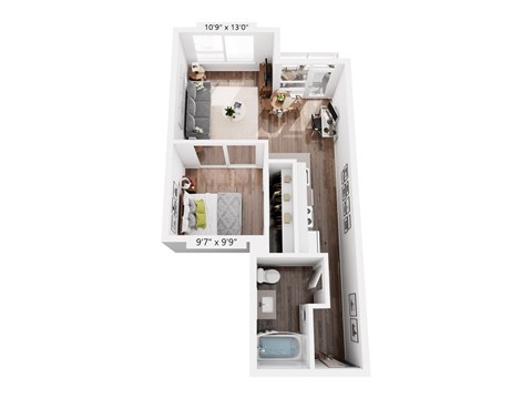 Floor plan for 1 bed, 1 bath, 622 sqft